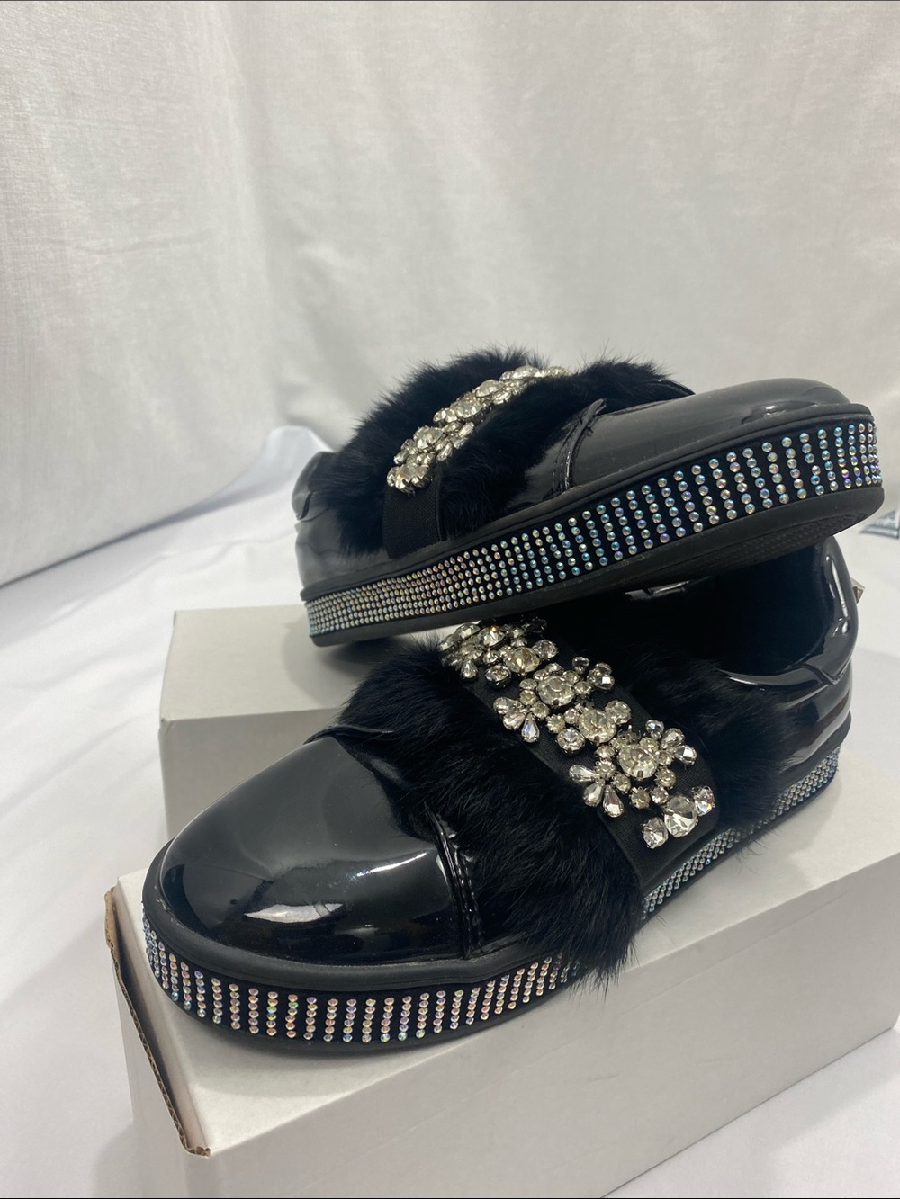 Black Fur Mule Clogs with Crystal Accents